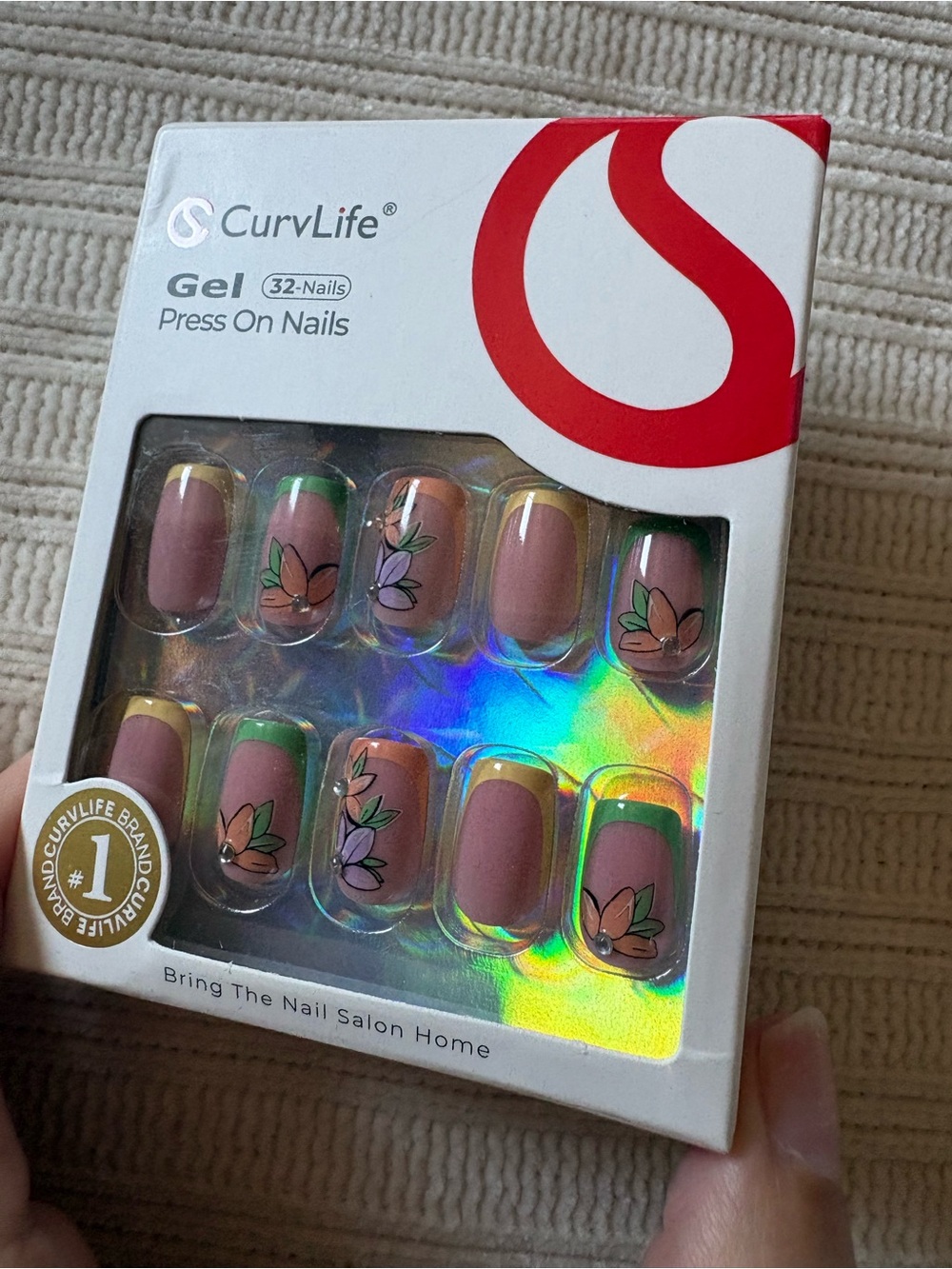 Curvlife Gel Press On Nails - Pink Floral French Tip - Picture 2 of 5